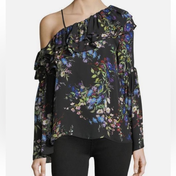 Parker Lima Black Floral Silk Off The Shoulder Blouse Flowy Sleeves Size M - Picture 1 of 9
